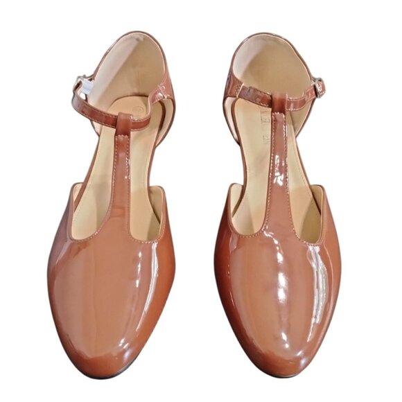 Womens T-Strap Low Chunky Heel Mary Jane Pumps Brown Patent Size 12.5 (45) - Picture 5 of 13